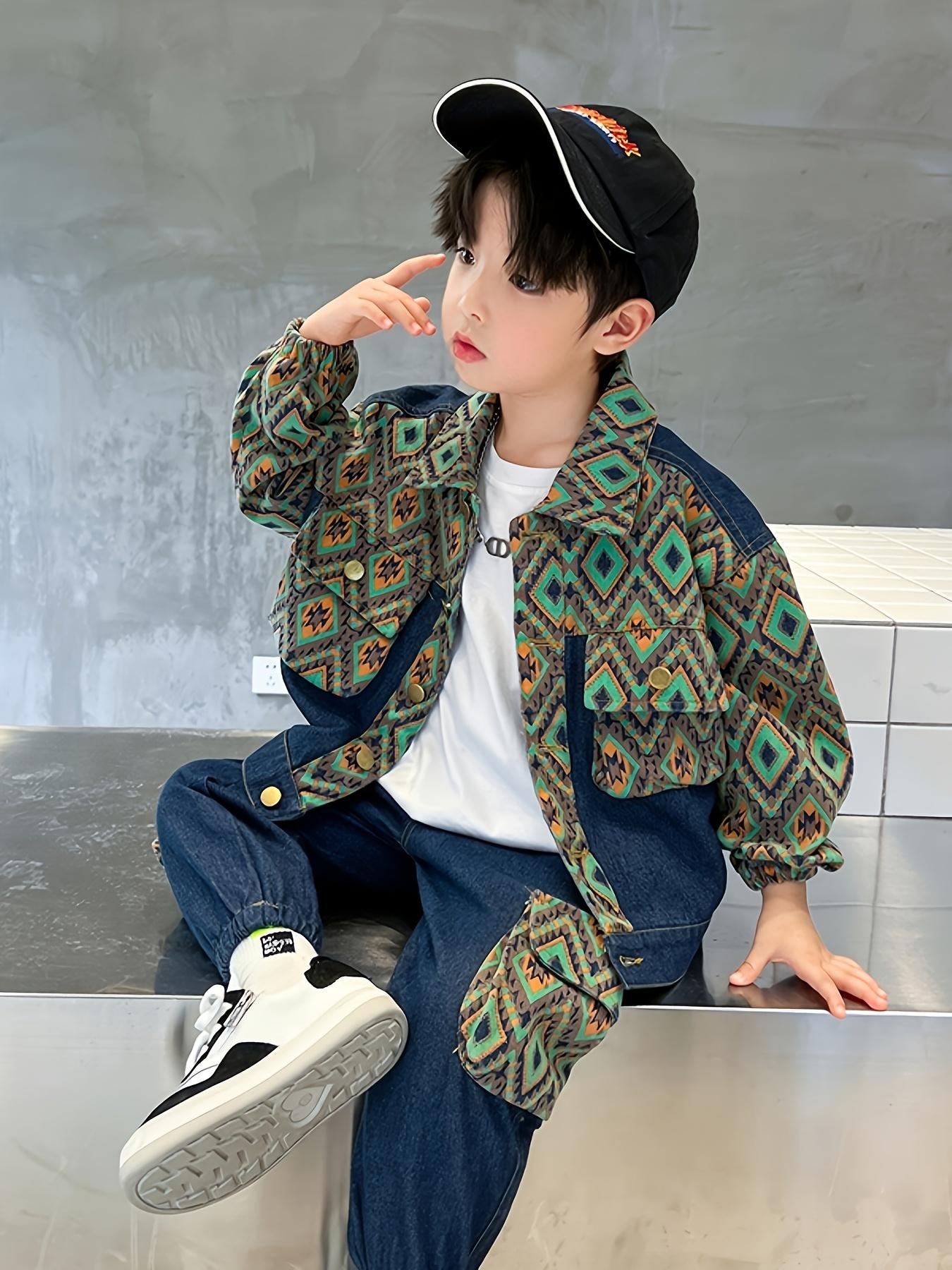 NewSuit Boys' Autumn Wear 2025 New Style Big Spring And Autumn Style Rogue Handsome Clothes Foreign Style Bohemian Style Fashion Suit Faux Denim Suit Two-Piece Set, for Outdoor
