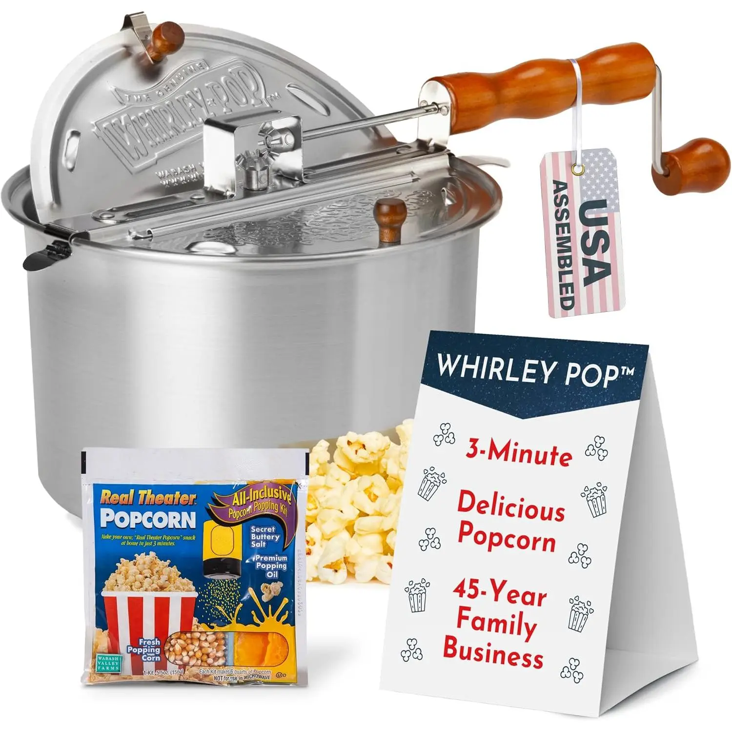 Whirley-Pop Classic Hand-Crank Metal Gear Popcorn Popper Set - Smooth, Long-Lasting, 1 Real Theater Kit with Oil for Movie Night Popcorn Making
