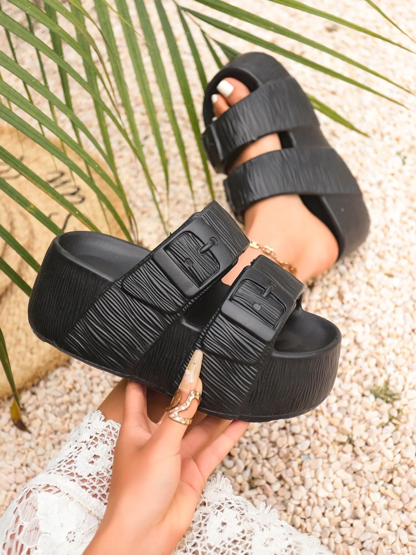 Slippers with Textured Straps, Casual Rubber Sole, Spring, Summer & Fall Wear, Plain Design, Thick Sole for Height Boost, Easy Slip-On Style