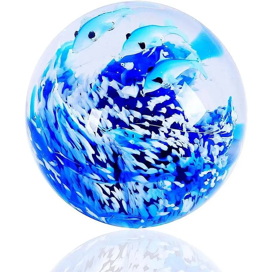 Hand Blown Glass Dolphin Figurine Ornament,Sea  Ornament for Fish  Aquarium,Sea  Collection for Birthday ,Office Paperweight Glass Ball