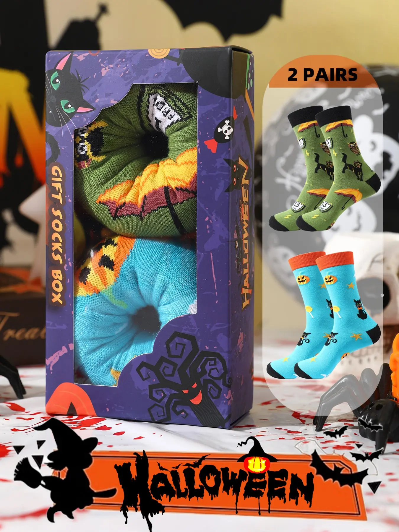 2 Pairs Halloween Donut Crew Socks, Unisex Calf High Casual Socks, Creative Cartoon Print, Perfect for Parties & Gifts
