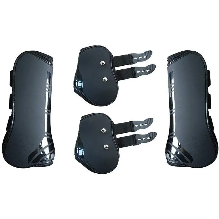 MAYiT Horse Tendon Boots Set (4 Pcs - Front & Hind), Adjustable Open Front PU+Neoprene Shell Brace Guard, Diving Inner Material, Medium/Large Shock-Absorbing Fetlock Protection for Riding Jumping, Easy-To-Clean Horsewear, Damage-Reducing