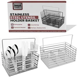 Stainless Steel Utensil Basket,Dishwasher , Flatware Basket, Kitchen, Countertop, Office, Camping, Outdoors, and Restaurants, 4-Compartment, Silver