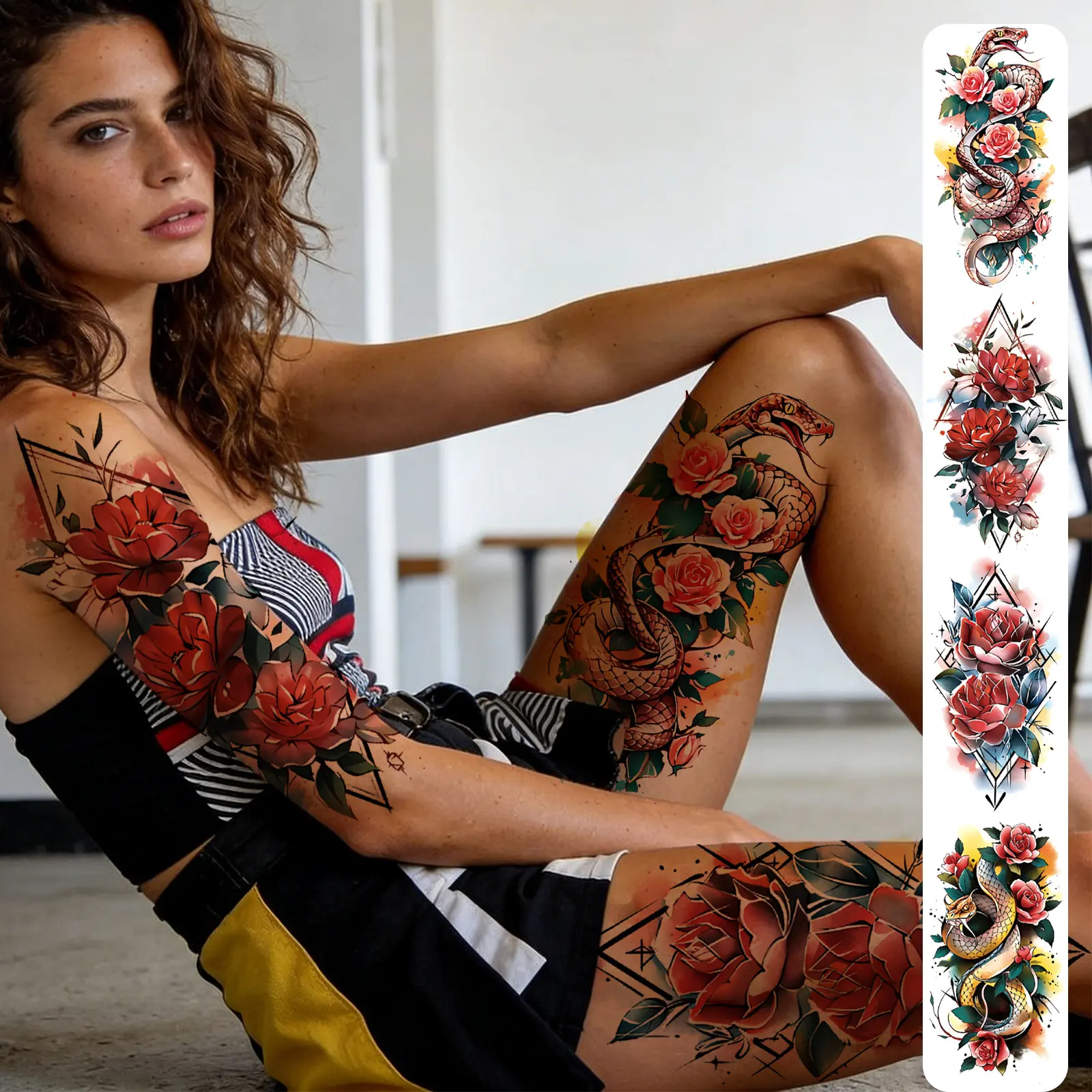 4 Sheets Flower Snake Temporary Tattoos for Men and Women Realistic Fake Tattoo Forearm Tattoo Stickers
