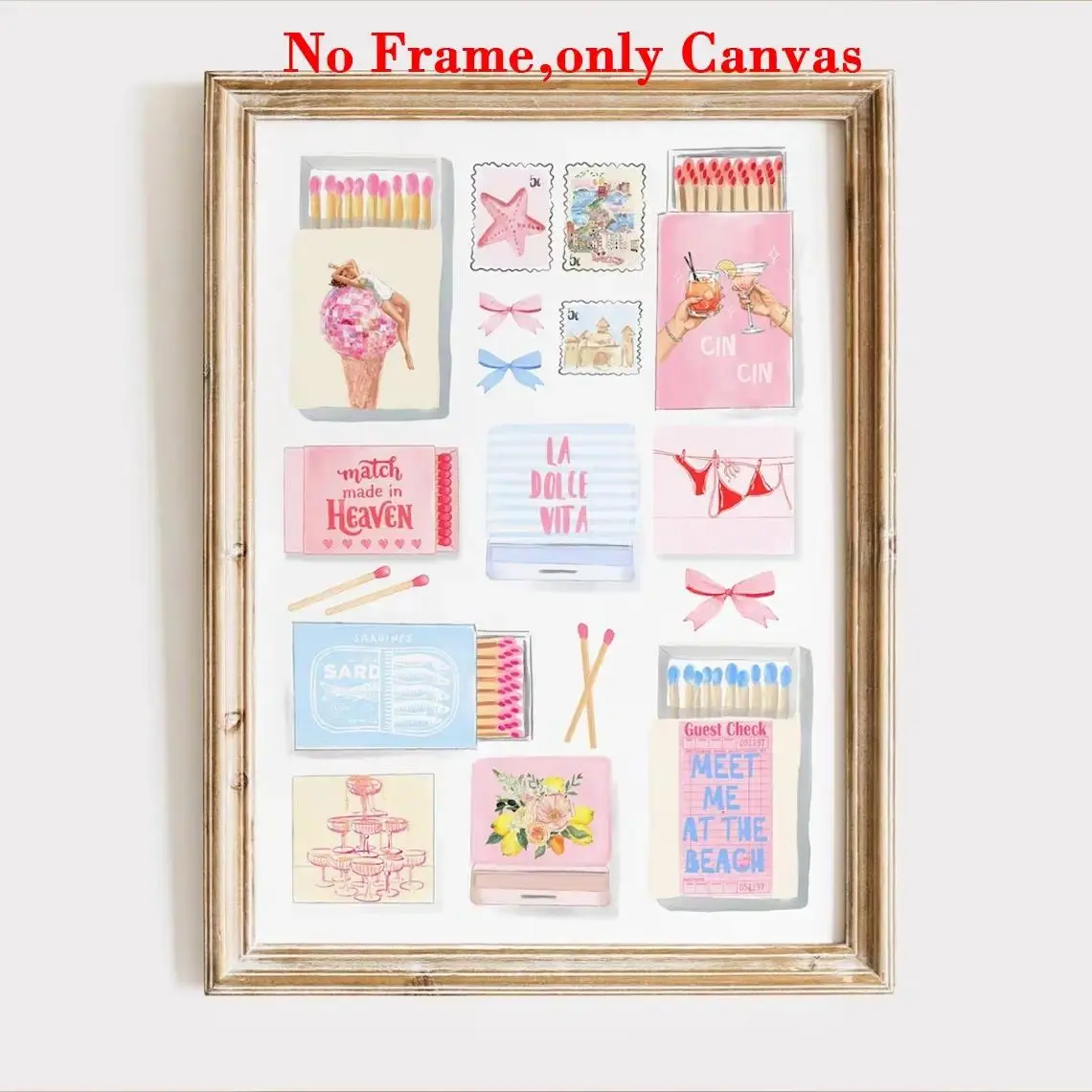 2D Flat 1pc Unframed Canvas Poster, Coastal Hand-painted Matchbox Pastel Print, Pink Romantic, Canvas Painting, Poster Print, Artwork Wall Painting for Gift, Bedroom, Wall Decor, Above Bed Wall Decor