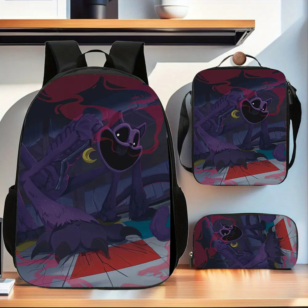 Smiling Critters Retro Chic 3pcs Unisex Youth Multi-Use Athletic Backpack Set - Back to School Hauls, First Day School GRWM, Campus Life, Durable Large-Capacity Double-Shoulder Bag, Pencil Bag, Lunch Box with Built-In Organizer, No Wheels, Hand-Wash Only