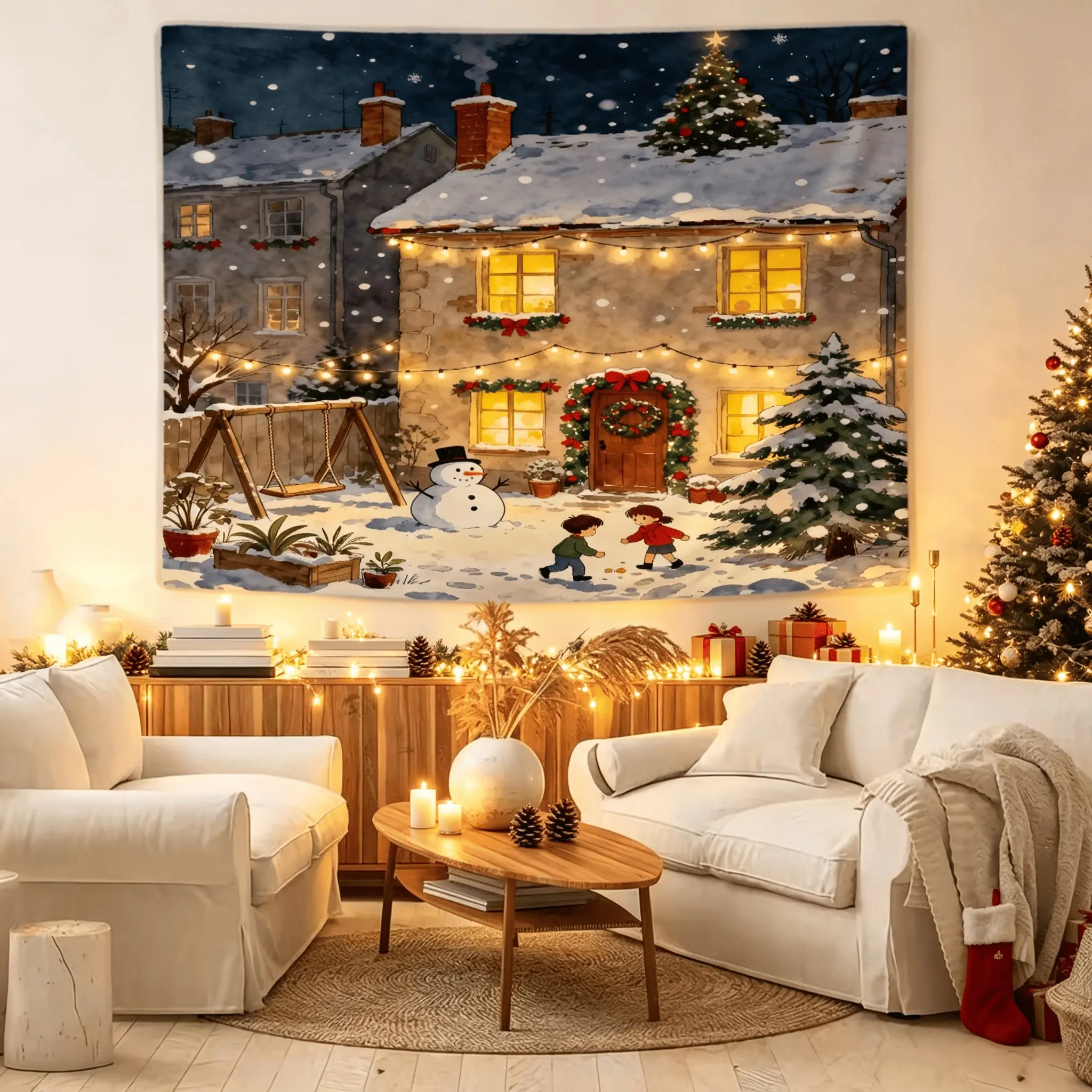 Christmas Themed Single-Side Printed Tapestry with Snowy Winter Vibe, Stylish Room Wall Banner, Unique Wall Art for Living Room & Bedroom, Ideal Holiday & Christmas Gift