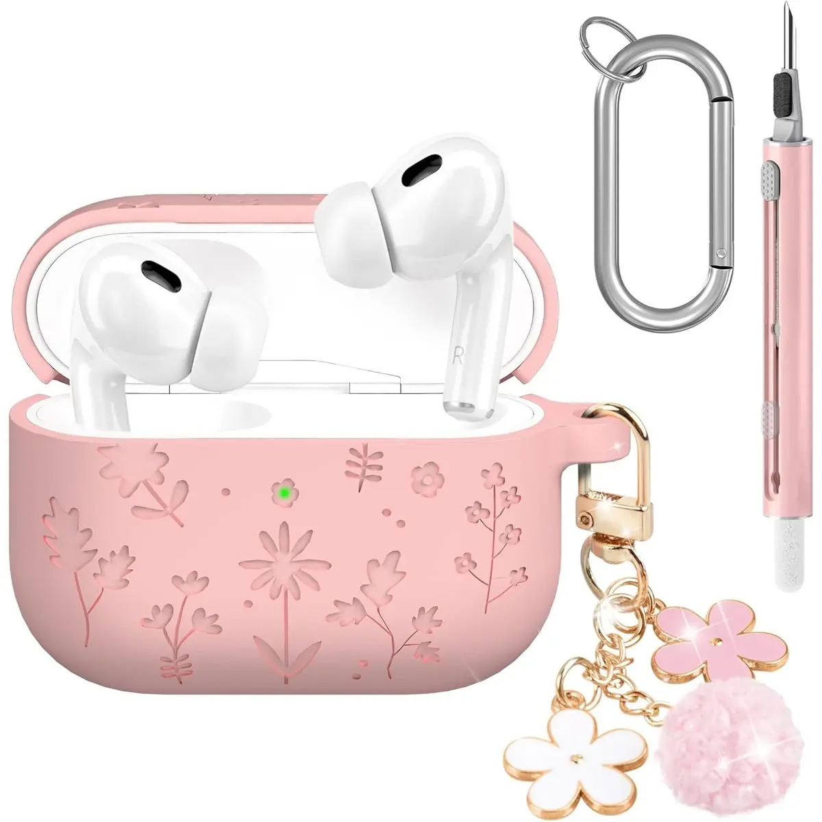 for AirPods Pro 3 Case 2025 Cute with Cherry Blossom Keychain and Cleaning Kit, Soft Silicone Shockproof Flower Engraved Cover for AirPod Pro 3 Case Cover - Pink