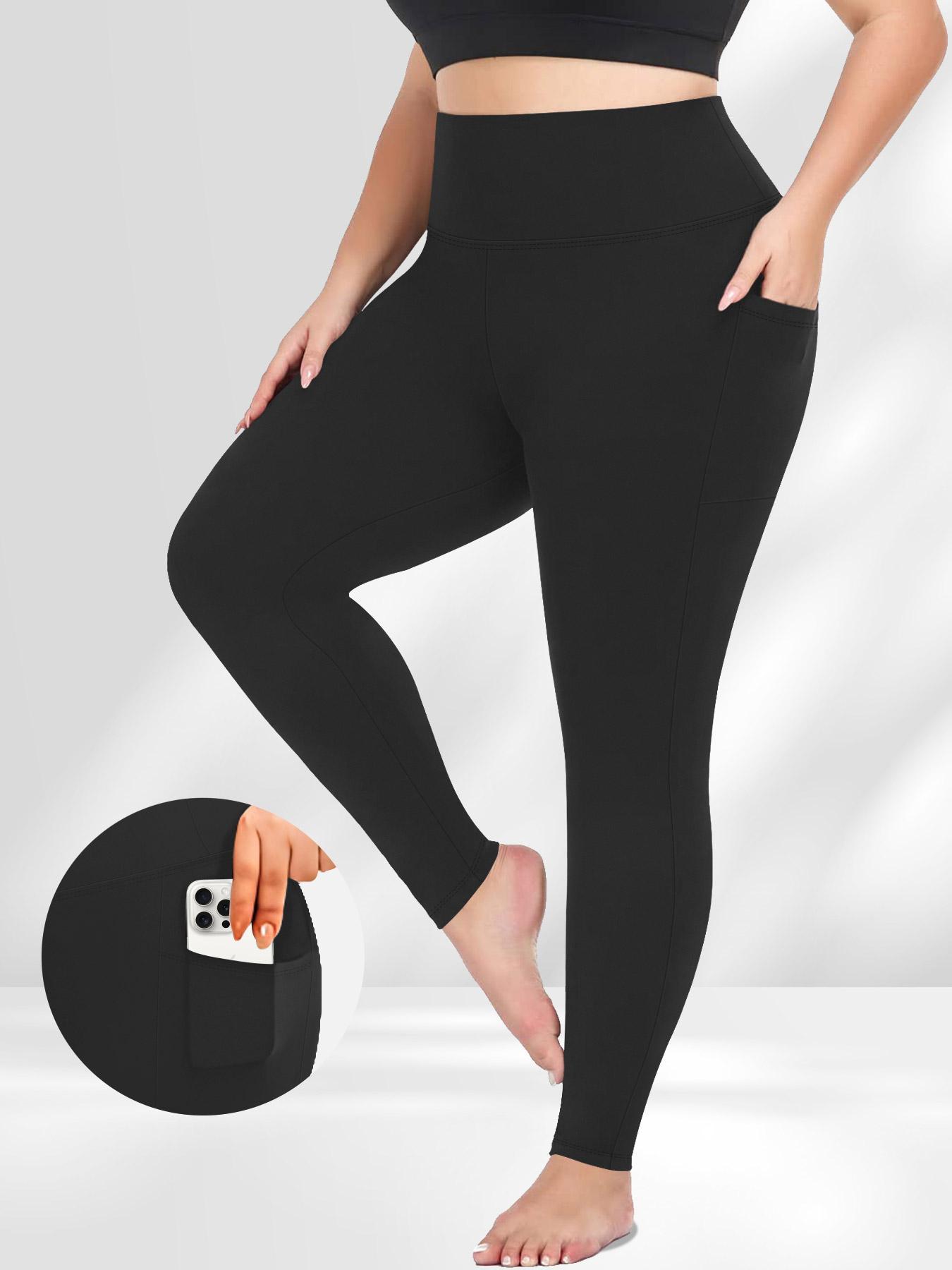 Plus Size Solid High Waist Sports Comfy Gym Workout Leggings with Pocket, Summer Outfits, Casual High Stretch Skinny Pants for Women, Soft Comfortable Women's Bottoms for All Seasons, Stretchy Workout Leggings