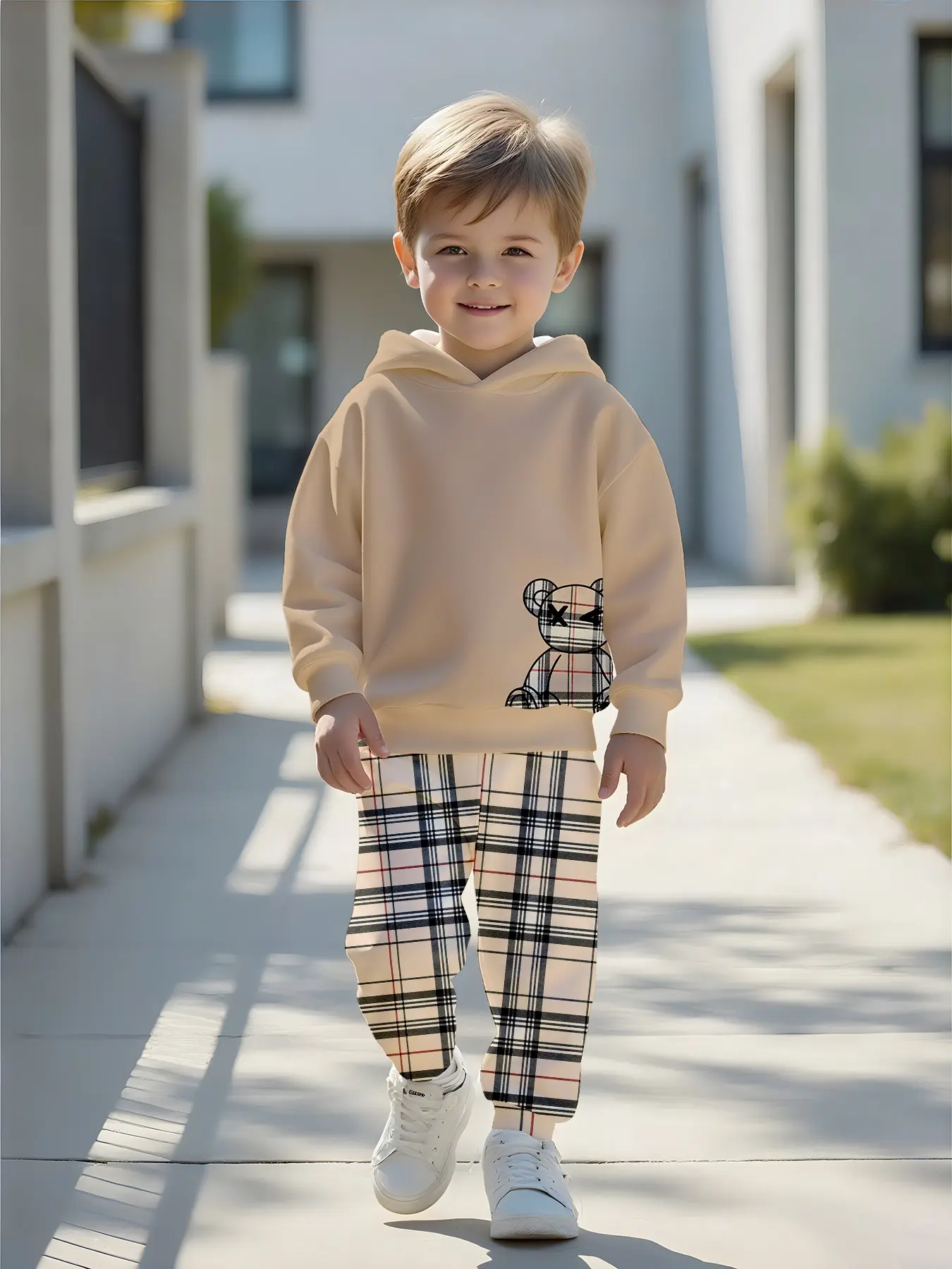 British Check Bear Print Kids Hoodie Set, Simple Boy Plaid Drawstring Sweatpants Two-Piece Set, Fall & Winter Casual