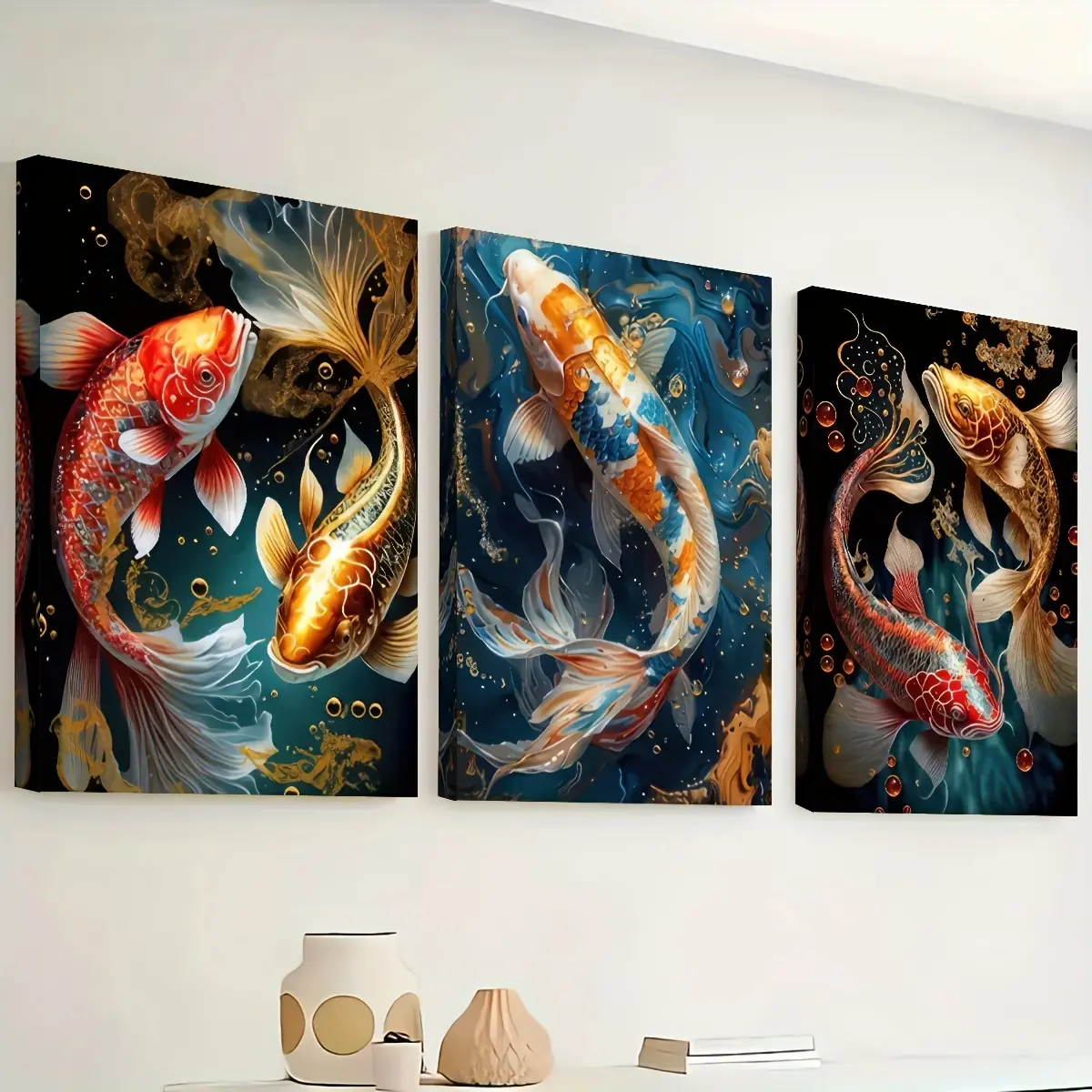 3 pieces of 2D flat print, framed canvas paintings and posters, ready to hang, lucky koi, a fish that brings you fortune, home decoration, wall art, room decoration, home wall painting, high-definition print, ideal gift, living room, bedroom, dining room,