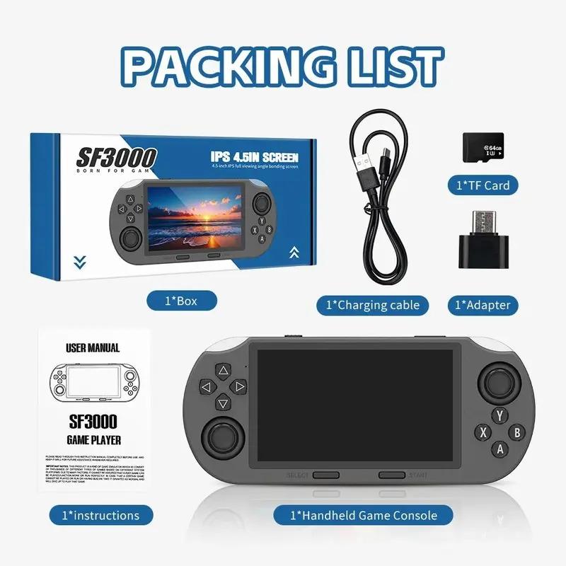 Sf3000 Retro Gaming Console 64g Handheld Video Game System, Preloaded 20000+ Retro Games, 4.5 Inch IPS HD Screen and TV Output Support