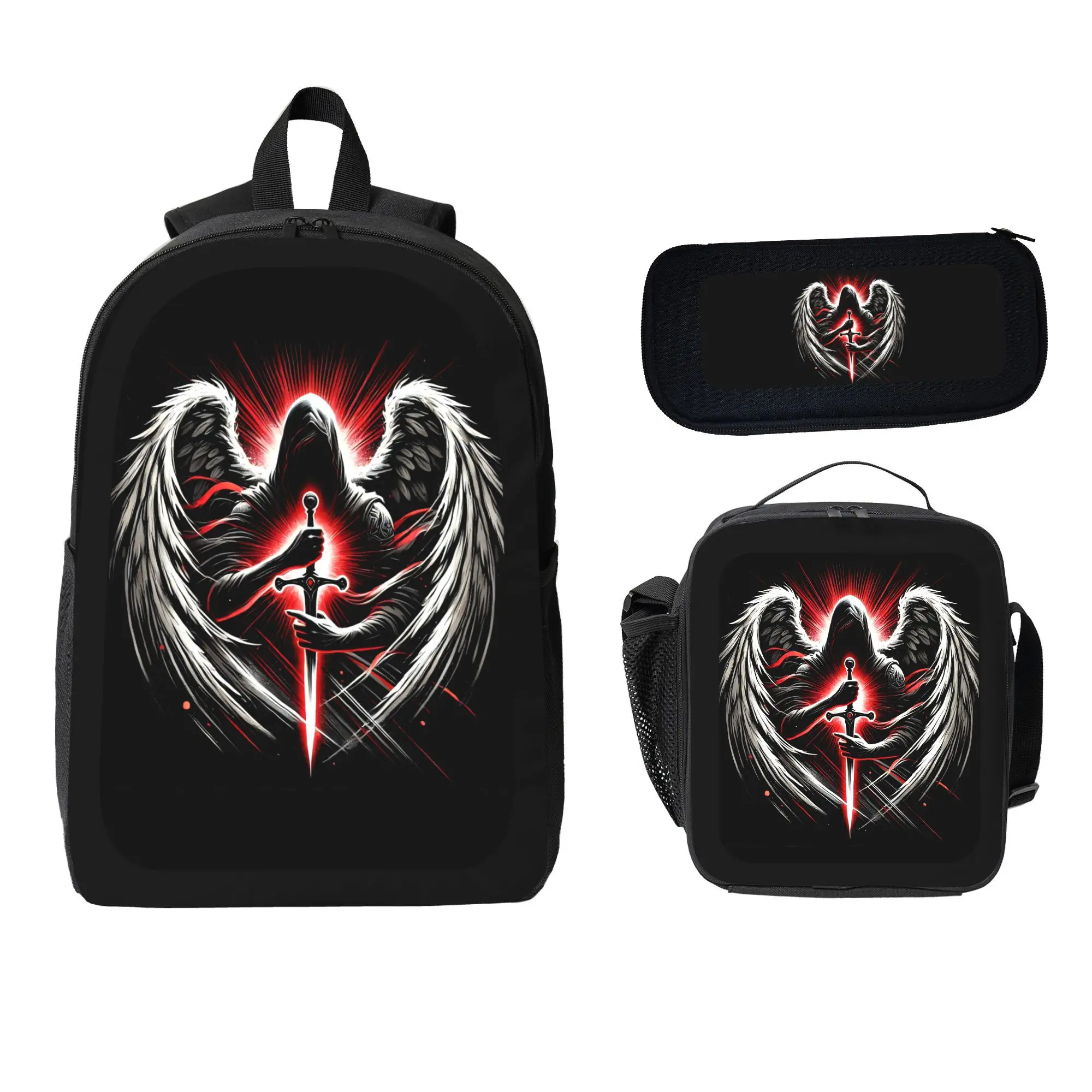 3-Piece Graphic Backpacks for School Set, Unisex Dark Angel Themed Accessory with Lunch Bag and Pencil Case for Daily School Use, Organized, Built-In Organizer, Practical And Themed Solution