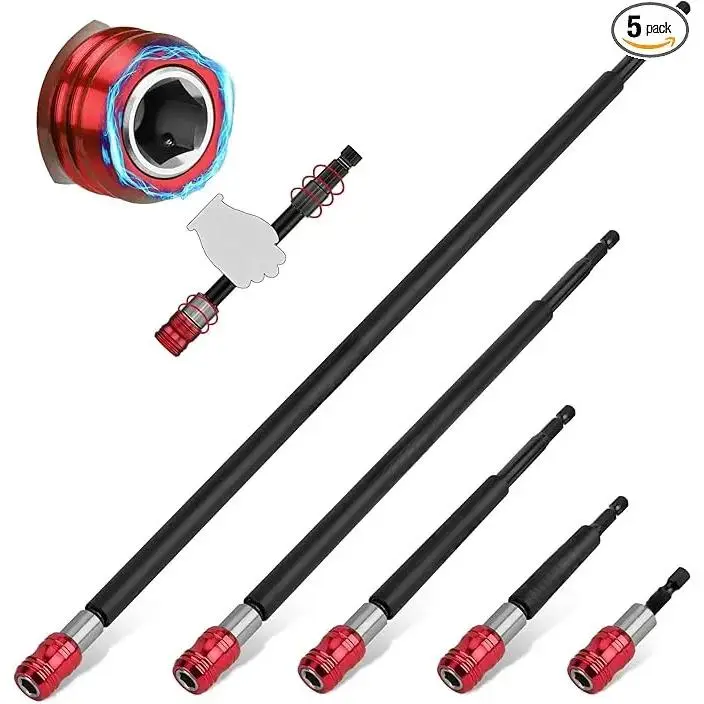 Magnetic Screwdriver Bit Holder Set: 5-Piece 1/4 Inch Hex Shank Quick Release Extension Adapter |   Super Straight Durable CR-V Steel |   Universal Fit for Impact Driver Bits |   2", 4", 6", 12", 17" Long
