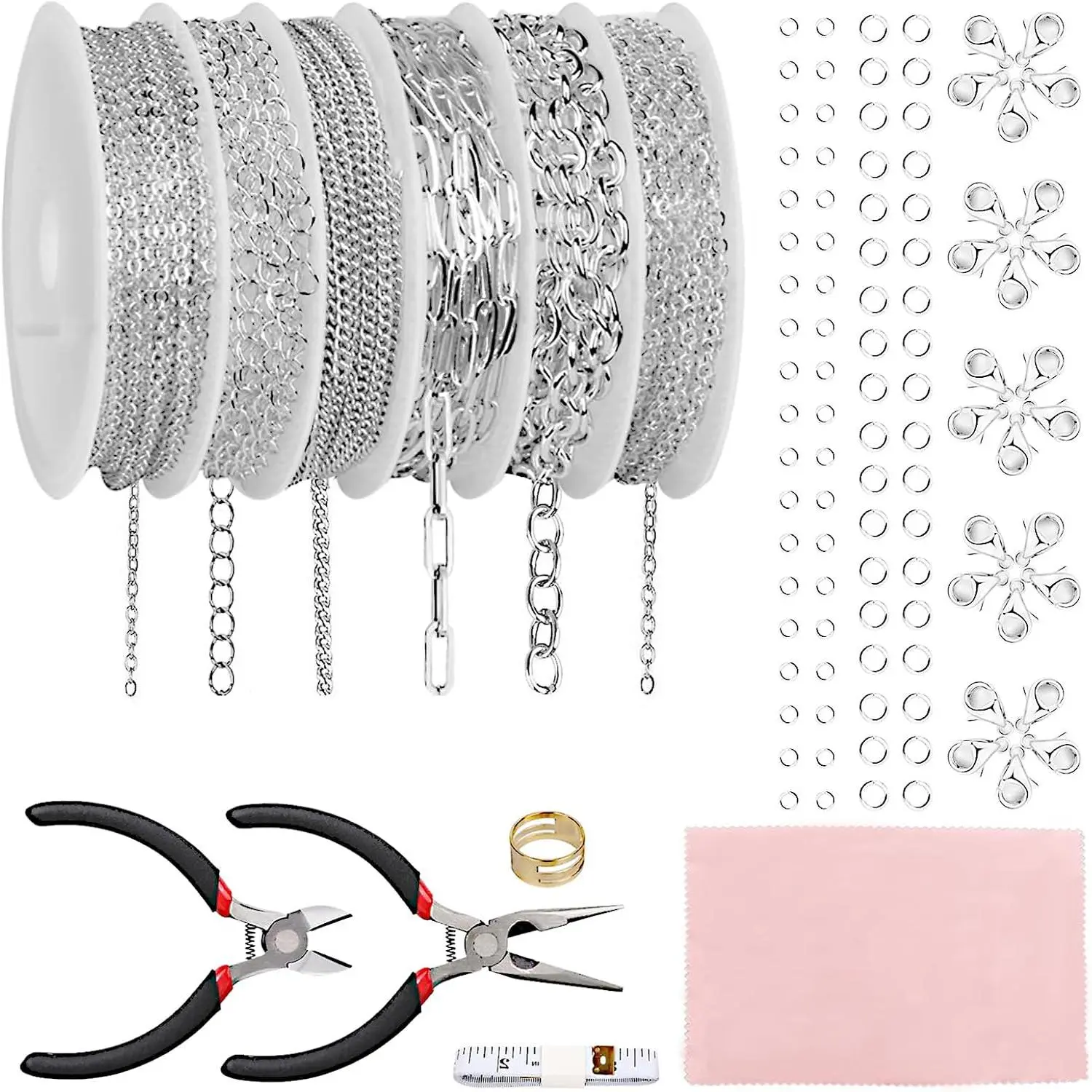 Necklace Chain for  Making, 46ft 6 Style Rolled Steel DIY  Chain Roll Bracelet Bulk Link Plated Permanent for Earring Anklet Craft with Jump Ring, Lobster Clasp, Pliers