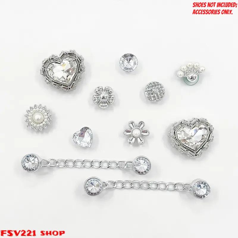 Bling Luxury Shoe Charms Set - Shiny Silver Rhinestone Heart & Chain Dangle Ornaments, Elegant DIY Clog Shoe Decorations, Ideal for Bridal Gifts & Wedding Sandals Accessories