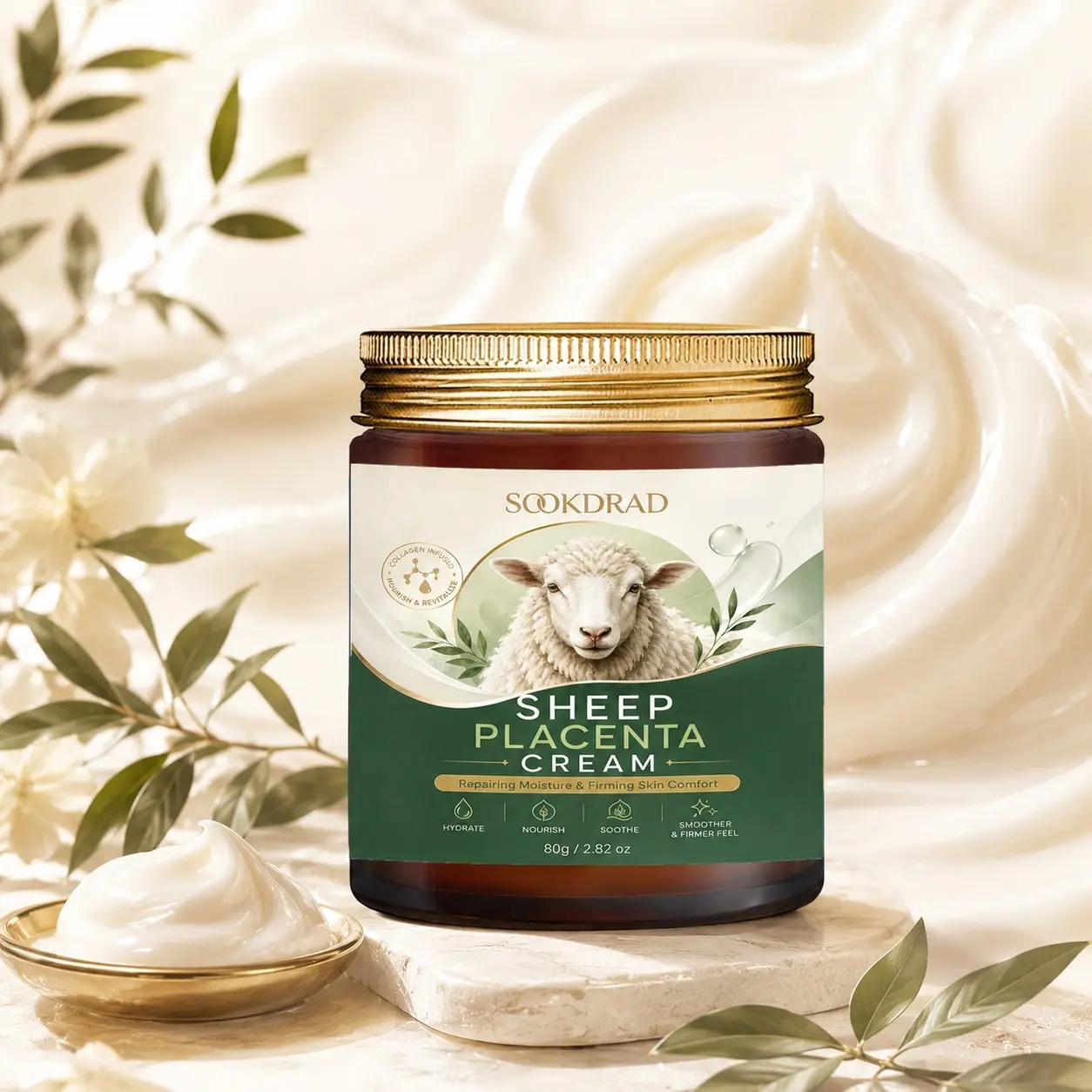 Sheep Placenta Cream, Collagen Infused, Hydrate, Nourish, Soothe, Repairing, Smoother, Firmer, Daily Skin Care, 80g