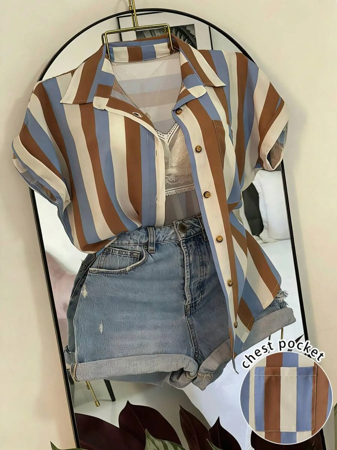 Women's Summer Striped Print Short Sleeve Shirt, Casual Loose Fit Slimming Fashion Versatile Pocket Turn-Down Collar Daily Travel Holiday Blouse, Casual Daily Tops