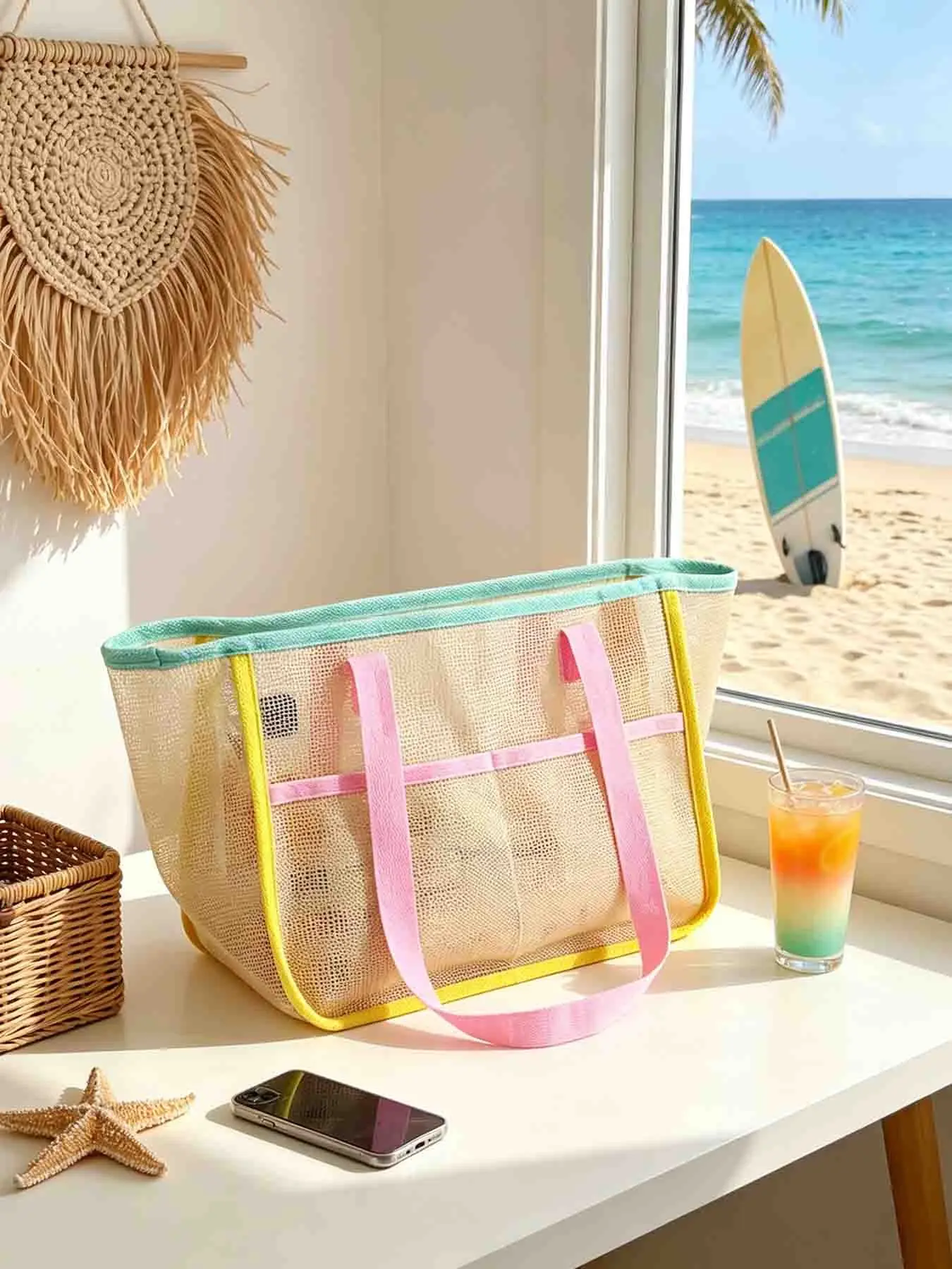 Macaron Colorblock Mesh Tote Bag, Breathable Grid Sandproof Design, Large Capacity Handbag for Summer Beach Pool Travel, Outdoor Vacation
