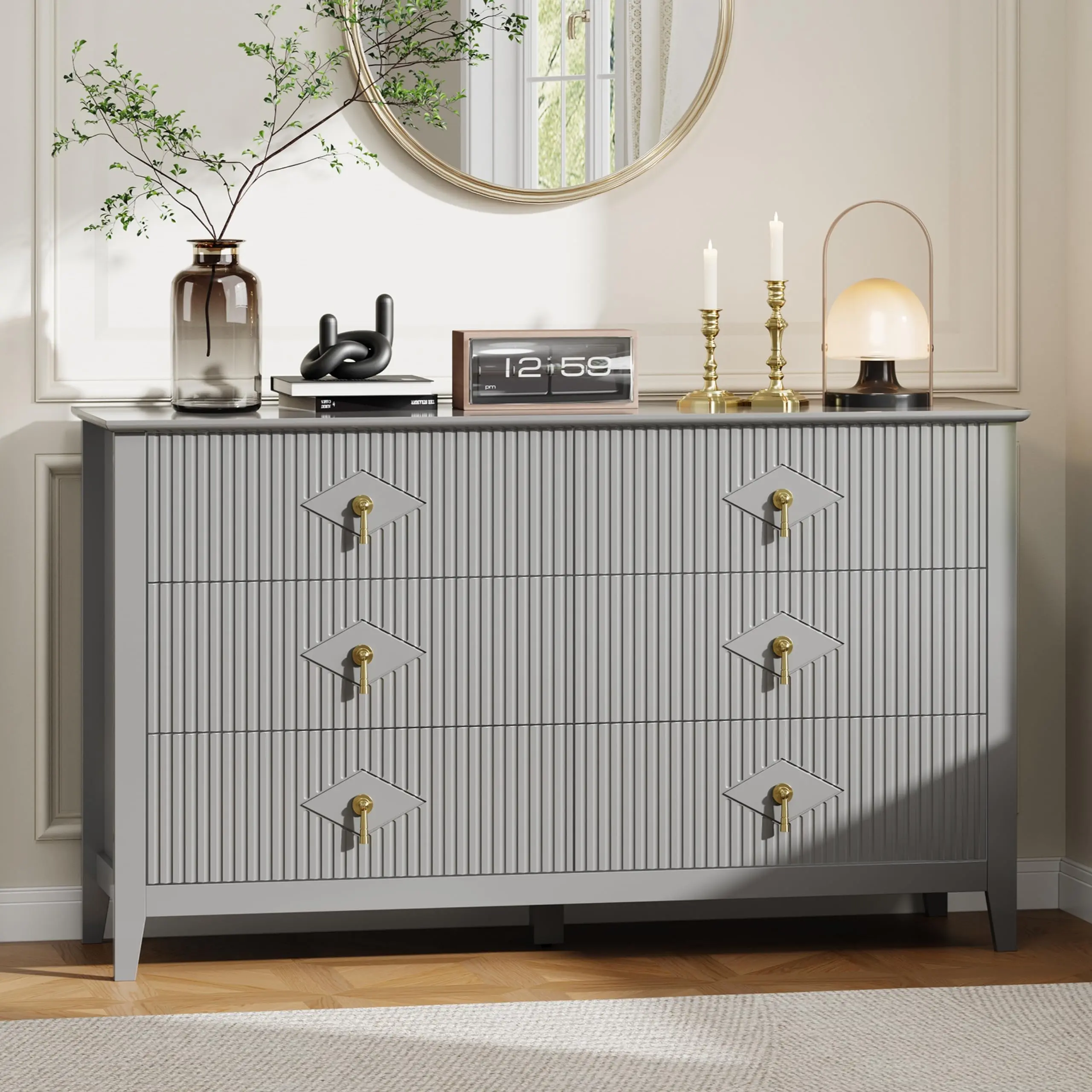 Garvee Fluted Dresser 54 Inch Wide, 6-Drawer Wood Dresser for Bedroom, Modern Chest of Drawers, Storage Organizer Cabinet for Living Room, Hallway, Entryway, Grey