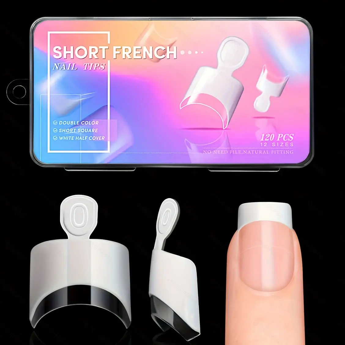120 Pcs Dual Color French Nail Stickers, Transparent Half Cover Short Square Nails, 12 Sizes, Numbered False Nails for DIY Nail Art, French Tip Nails