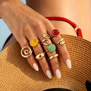 8 Piece Viral Gold Tone Chunky Ring Set Red Green Yellow Resin Stacking Rings Baddie Aesthetic Main Character Energy Vacation Jewelry