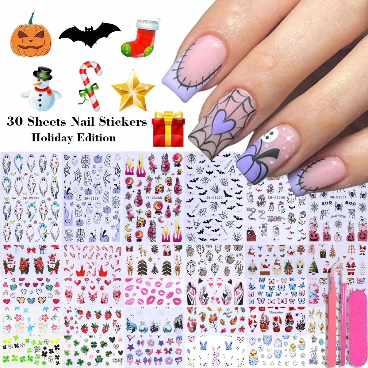 30pcs Halloween Christmas Nail Art Stickers Set, Pumpkin Spider Web Bat Santa Snowman Heart Butterfly Designs, DIY Self-Adhesive Nails, Gift Idea