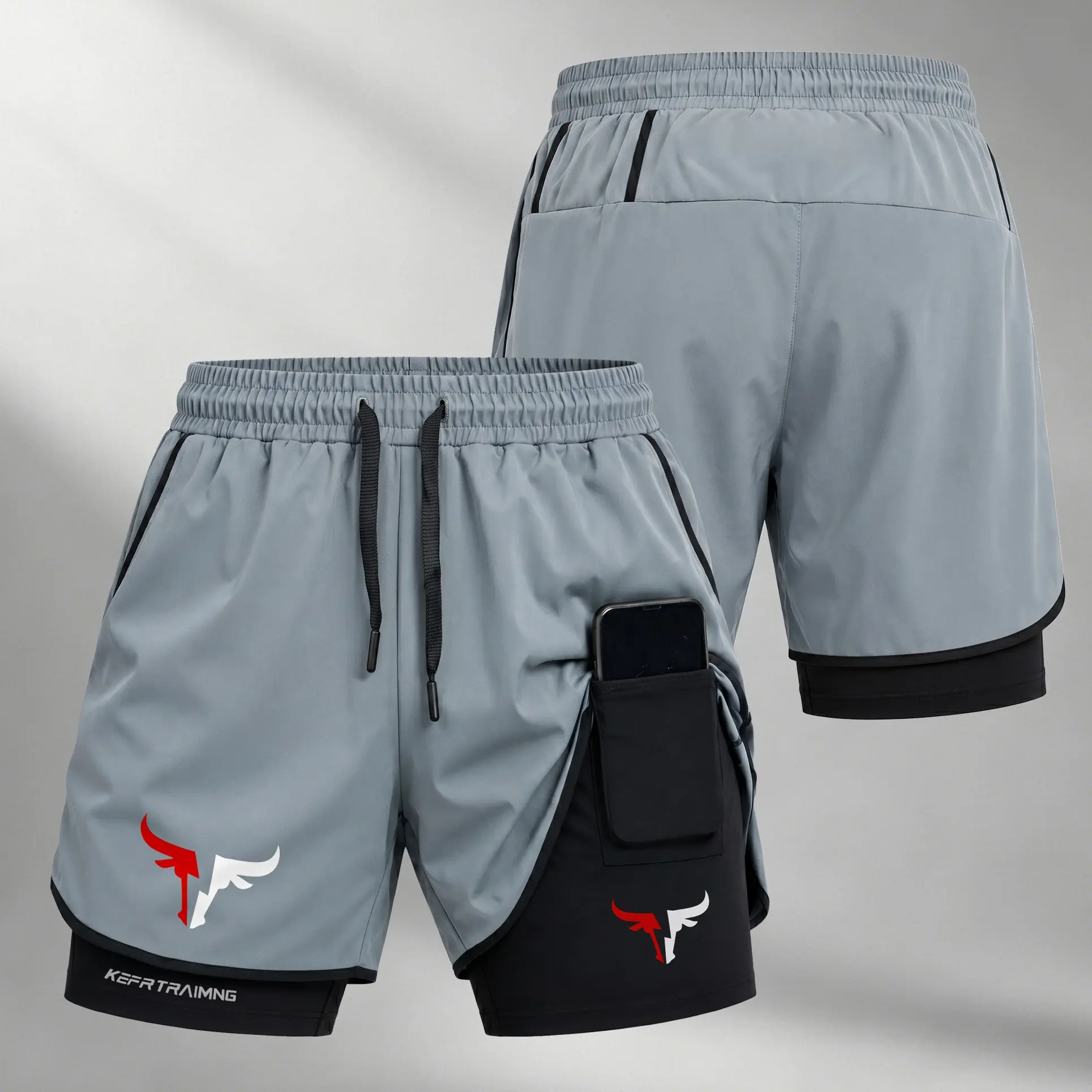 Men’s Bull Horn Graphic Print 2-in-1 Athletic Performance Shorts, Padded Compression Liner, Secure Inner Phone Pocket, Elastic Drawstring Waist, Quick-Dry Non-Chafe Comfortable Breathable Multi Exercise Gym Running Training Shorts for Summer Daily Wear, C
