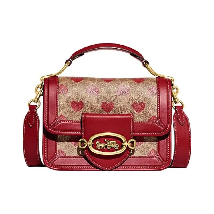 COACH Hero 22 Classic Monogram Heart Embossed Top-Handle Crossbody Bag for Women, Brown and Red Leather Blend