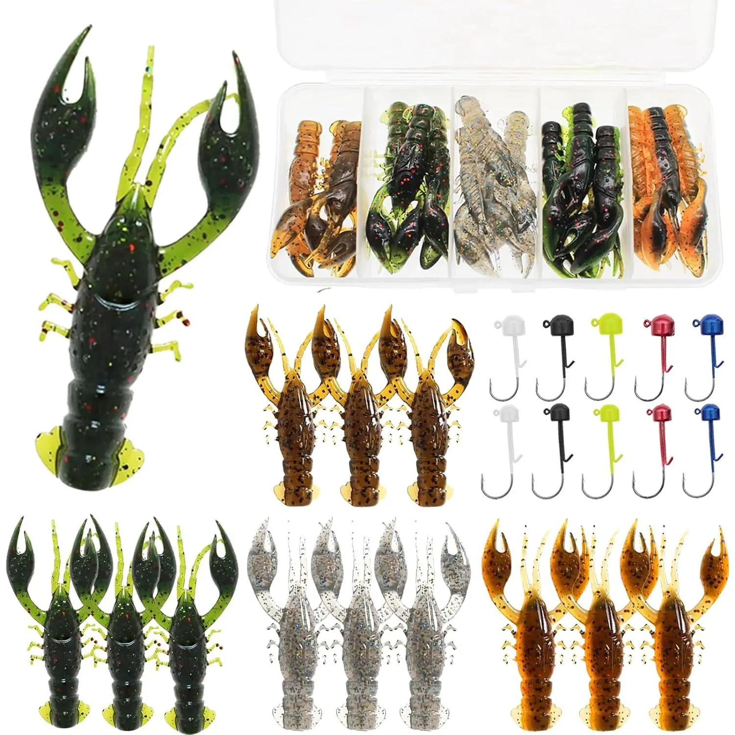 Soft Plastic Crawfish Lures with Jig Heads Realistic   Design | 25/60PCS Crawfish Lures Kit with Jig Heads Soft Plastic  Baits for Bass Trout Pike Freshwater Fishing Tackle Kit