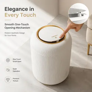 9.5L Luxury Press-Type Trash Can, vertical striped exterior with sensitive press opening. Elegant white and gold color scheme, suitable for bathroom, bedroom and living room, Bathroom Trashcan with Lid, Bathroom Garbage Can