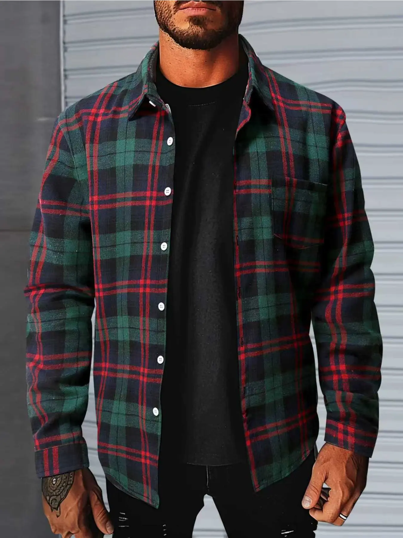 1 piece winter men's fashion casual Plaid brushed flannel fleece-lined long-sleeved notched lapel button-down shirt