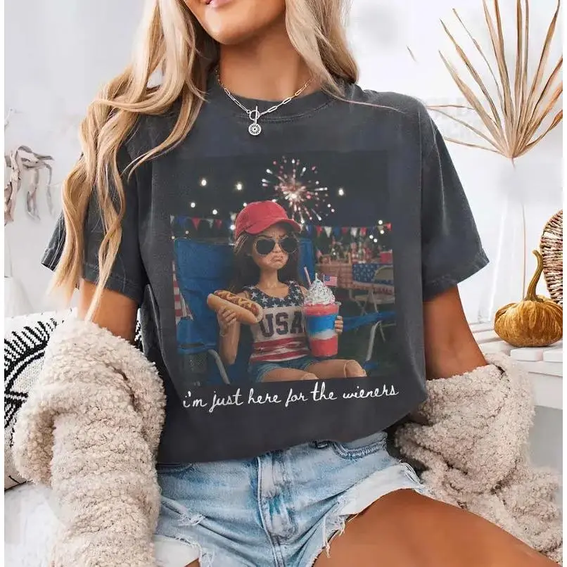 4th Of July Barbie Face Meme T Shirt, Funny Doll Just Here For The Wieners TShirt, USA 250th Anniversary Humor Graphic Tee