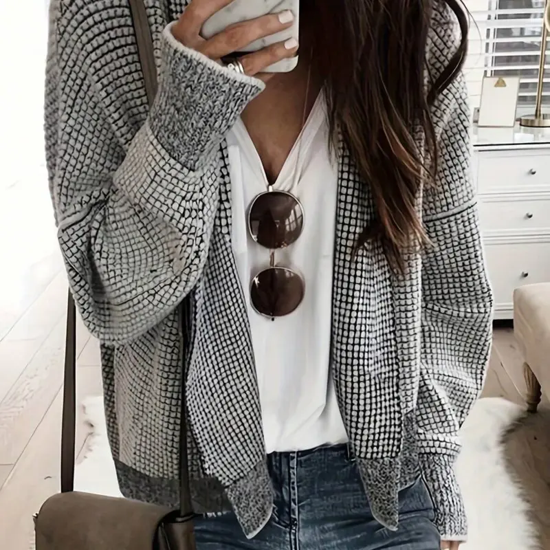 Unique Plaid Colorblock Knit Cardigan, Elegant Loose Fit Sweater for Women, Fashionable Daily Wear, Stylish Knitted Outerwear, Casual Elegant Knitwear
