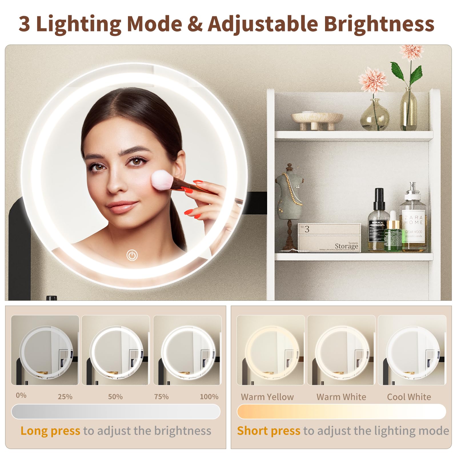 Small Vanity Desk with Mirror and Lights, Makeup Table with LED Mirror (3 Modes), Power Outlet, Drawer, Shelves & Cushioned Stool Small Vanity Desk with Mirror and Lights, Makeup Table with LED Mirror (3 Modes), Power Outlet, Drawer, Shelves & Cushioned Stool