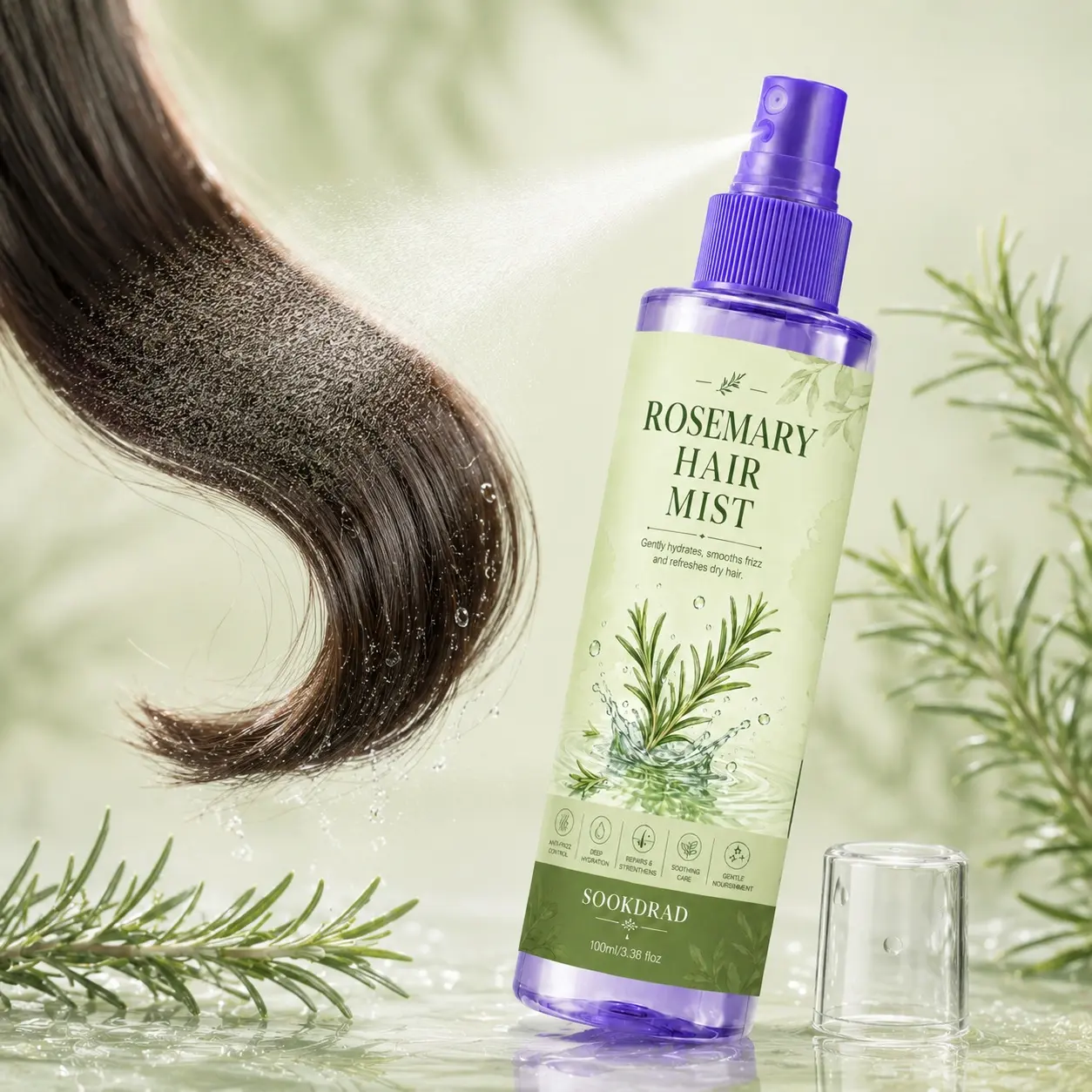 Rosemary Hair Mist, with rosemary, gently hydrates, smooths frizz, refreshes dry hair, for hair, all hair types, daily hair care, 100ml/3.38 fl oz
