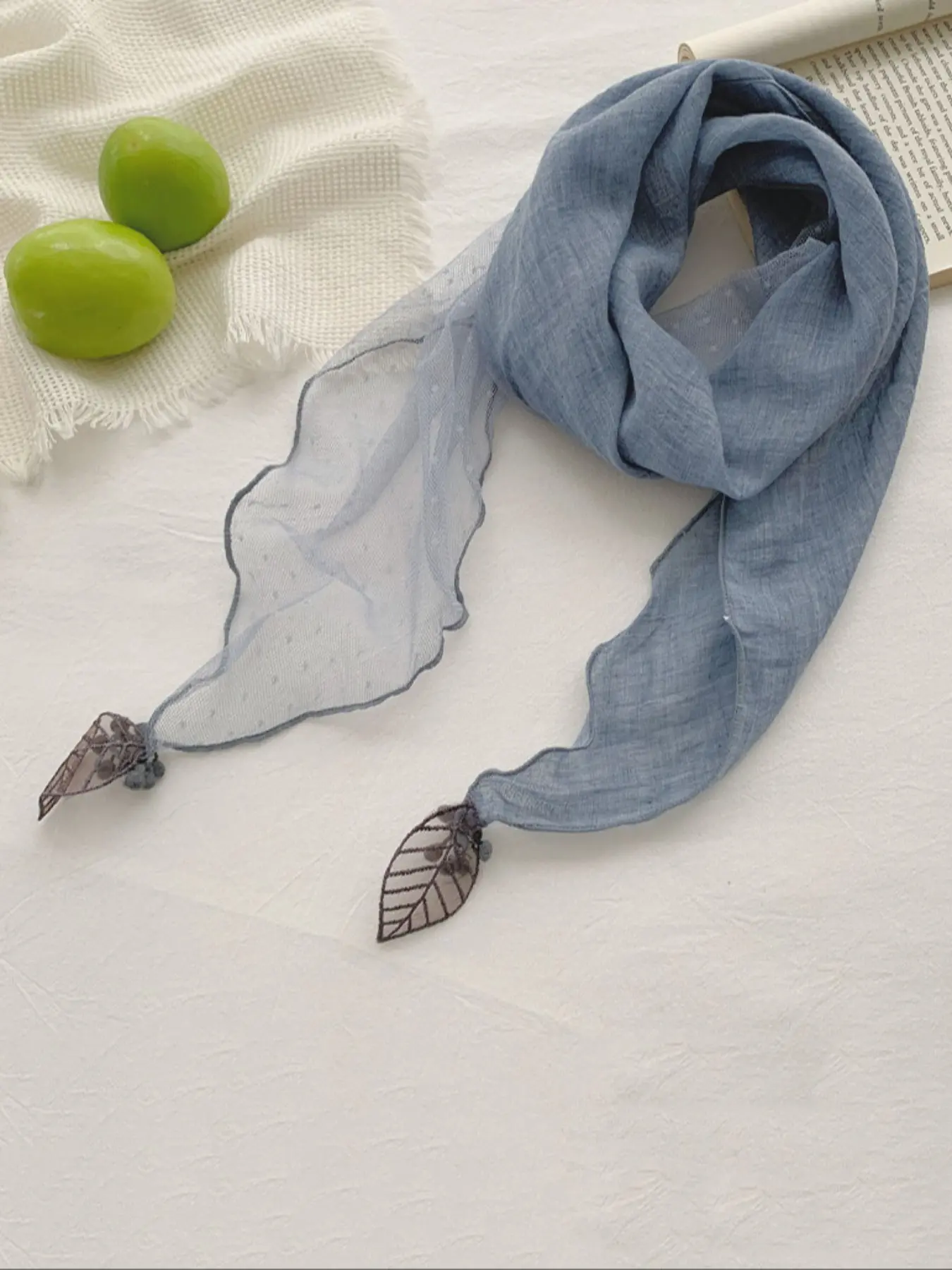 Forest Style Gentle Long Scarf, Wave Edge Leaf Pendant Decorative Scarf, Elegant Fashion Accessory for Women, Perfect for Daily Wear