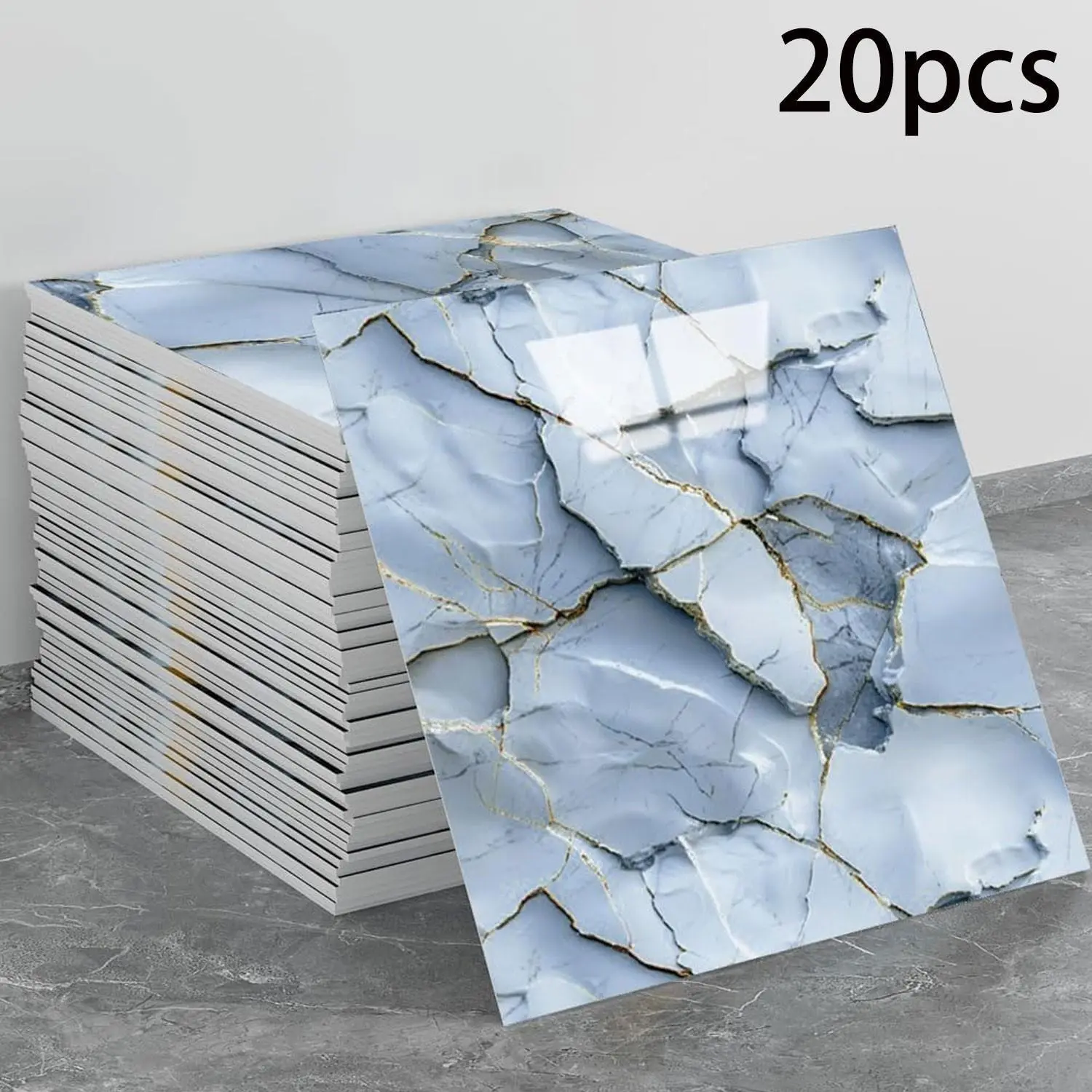 The new 20-piece artificial stone wall panel marble peel-and-stick waterproof PVC shower countertop bathroom backboard tiles are attached to the walls of the bedroom and kitchen. Each tile measures 11.8 inches by 11.8 inches (stone blue, 19.4 square feet)