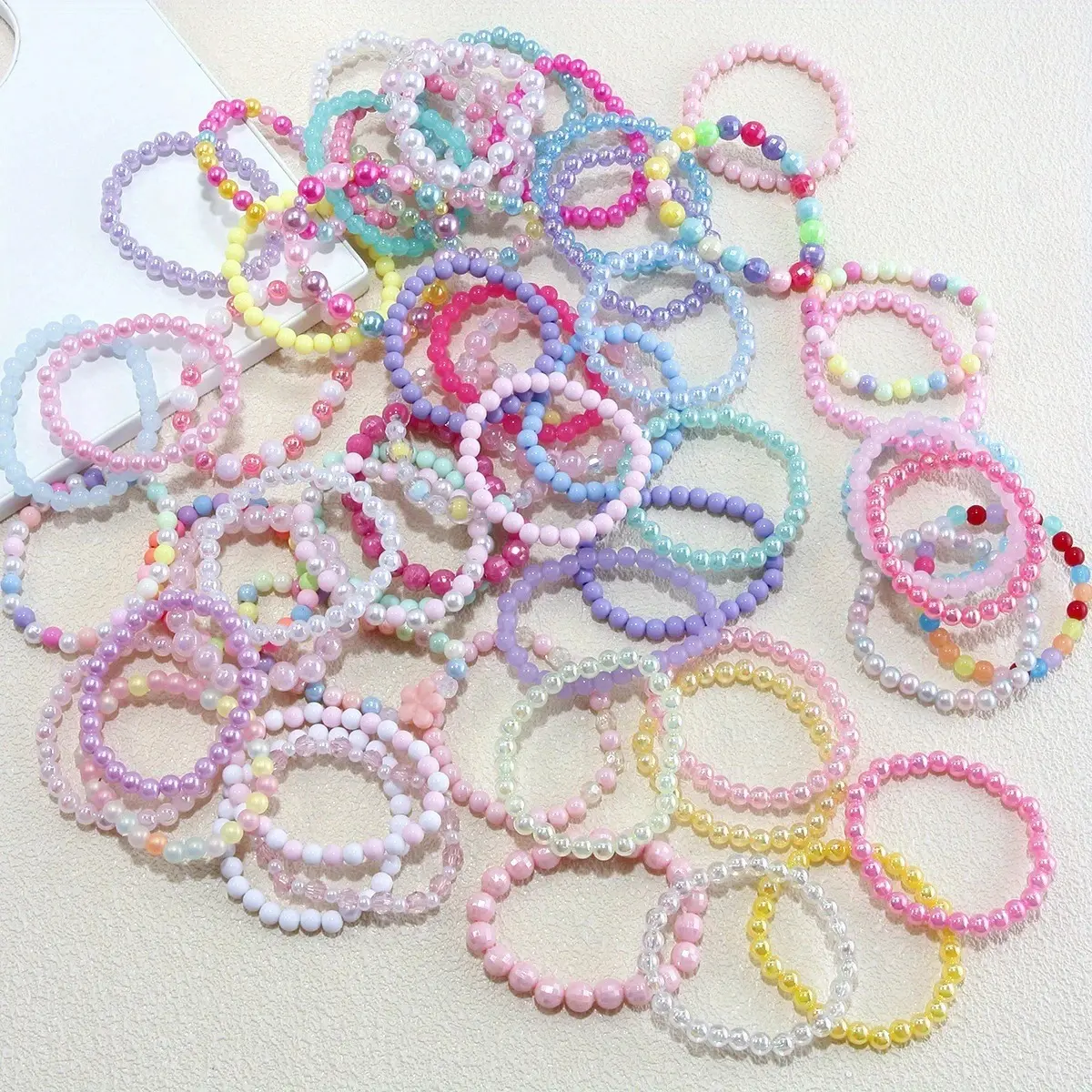 Cute Pastel Beaded Stretch Bracelets for Girls Women, Multicolor Rainbow Elastic Bead Bracelet Bulk Set, Sweet Preppy Aesthetic Stackable Bracelet, Bohemian Handmade Strand Jewelry for Party Favors Daily Wear Friendship Gift