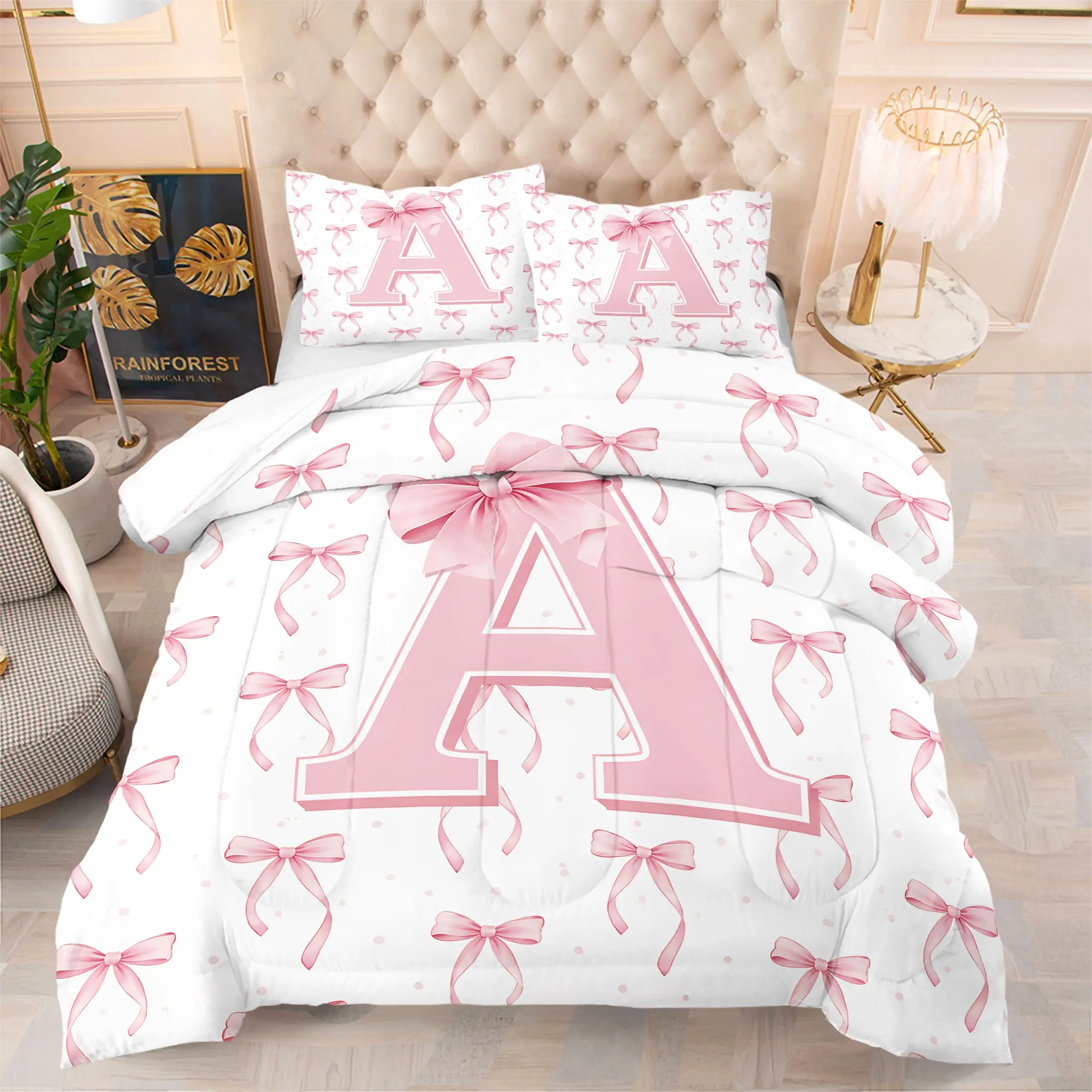 2/3Pcs Coquette Pink Bow Initial A Comforter Set, Girly Preppy Printed Quilt Bedding Set with Pillowcases, Soft Microfiber All Season Bedding for Teen Girls Bedroom, Cute Aesthetic Home Decor Gift