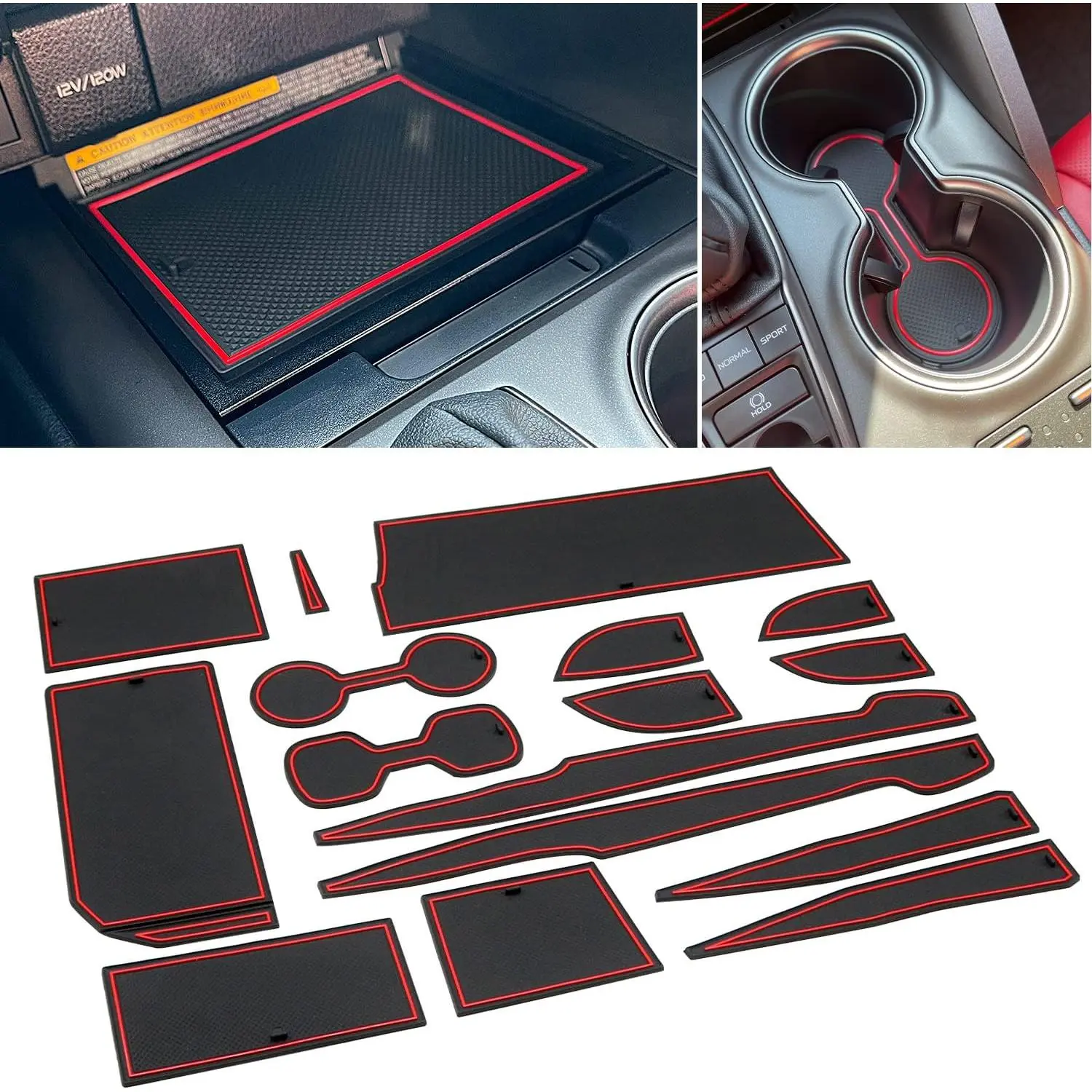 16-Pcs Custom Anti-Slip Car Interior Accessories Set for Toyota Camry (2018-2024, Multiple Years) - Cup Holder Pad, Center Console Liner Organizer, Door Pocket Mats with Red Trim, Tool-Free Install, Easy to Clean