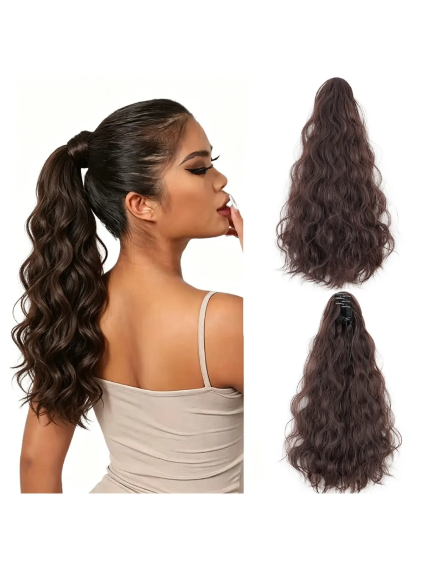 16 Inch Claw Clip Ponytail Extension Water Wave Synthetic Hair for Women Natural Looking Wavy Hairpiece Instant Volume Length