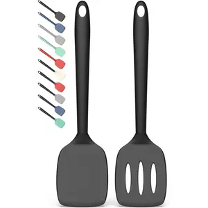 2 Pack Silicone Spatula Set, High Heat Resistant, BPA Free Kitchen Spatula, Solid & Slotted Turner for Non-Stick Pans, Sautéing, and Flipping (2, PureBlack)