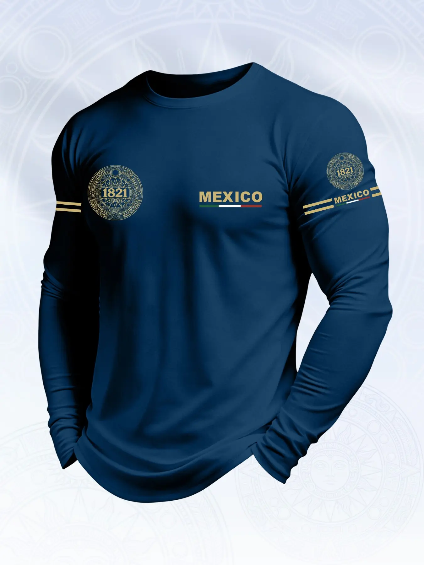 Men's Aztec Calendar Print Retro Round Neck Sportswear, Mexico 1821 Theme Sporty Long Sleeve T-Shirt, Daily Commute, Fan Wear, American Vintage Style