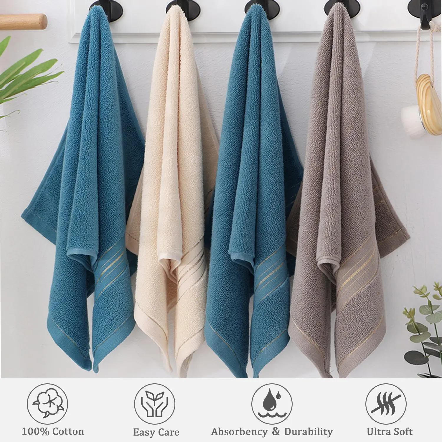 3 Pack 100% Cotton Hand Towels Set, 28.34"x12.59" Golden Stripe, Ultra Soft Water Absorbent Lightweight Towels for Bathroom Guest Rooms, Do Not Bleach, Elevates Any Bathroom Decor