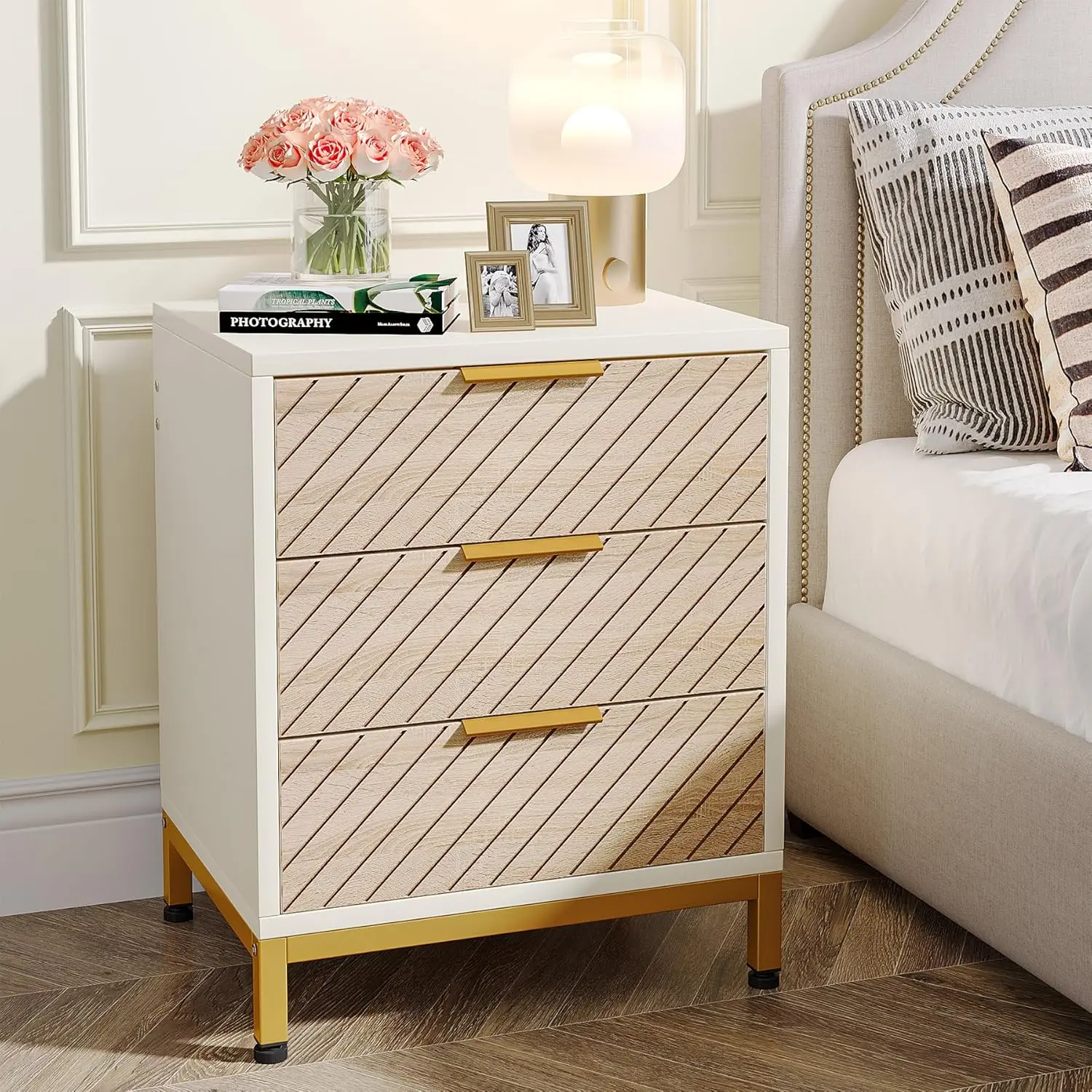 LustreC Night Stands for Bedrooms, White and Gold Light Wood Grain Nightstands with 3 Drawers Bedside End Tables Storage for Bedroom