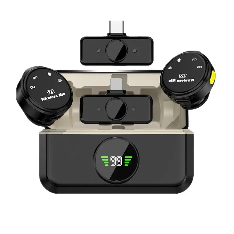 2-Mic (Type-C + Lightning Port) Dual Bluetooth Magnetic Lavalier Microphones with USB Type-C Compatibility, Built-In Li-Ion Charging Case, Noise-Reducing Audio for iPhone/Android Vlog/Podcast Recording