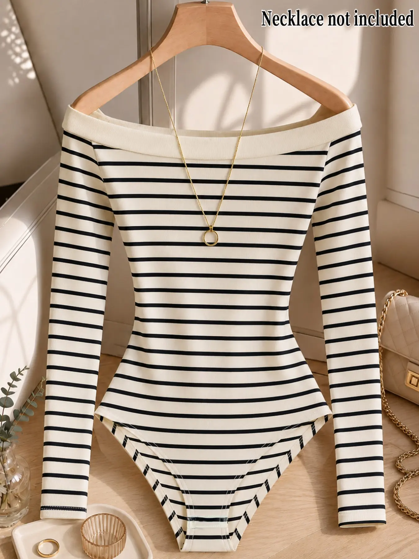 Summer Off Shoulder Long Sleeve Striped Bodysuit, Cream Base Black Horizontal Stripe Rib Knit Slim Fitted Jumpsuit For Daily Street Layering Shopping Coffee Shop Casual Errands City Leisure Matching Outfits For Young Women