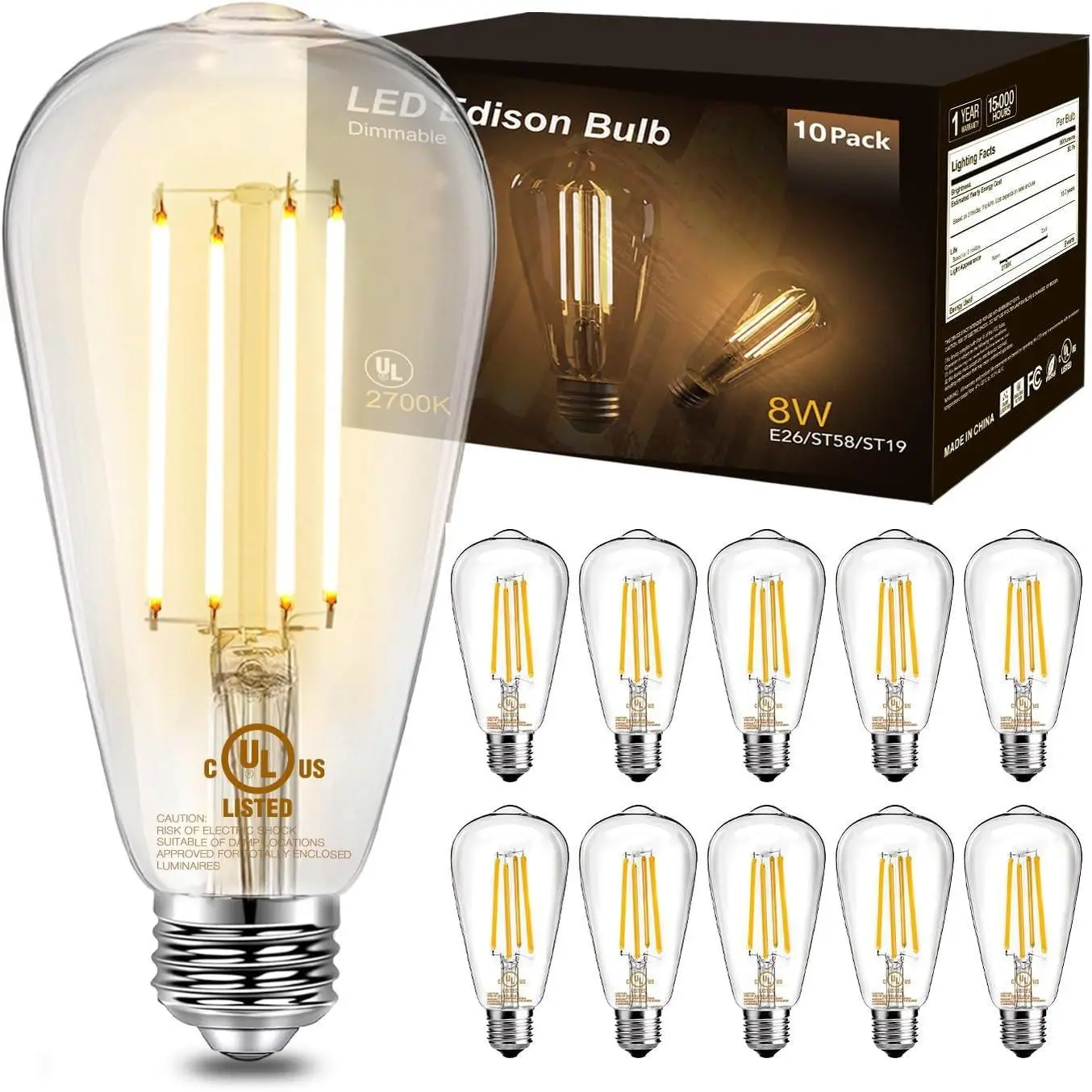 LED Bulbs - ST58 Antique Look Filament, 8W Power, 800LM Dimmable, 2700K Warm White, E26 Base, Flicker-Free, Easy On Eyes, LED Edison Bulbs for Home Decor Items