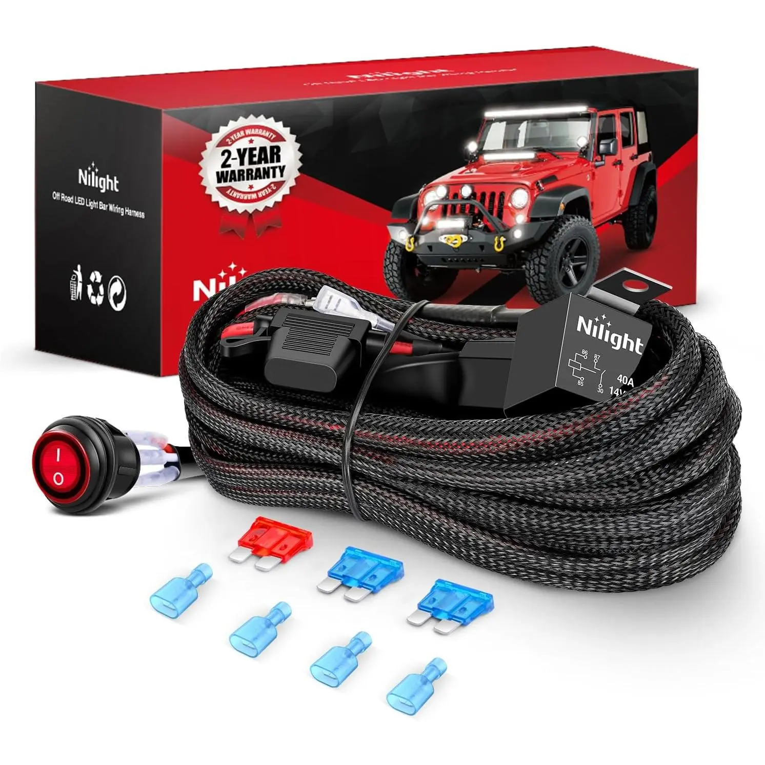 Nilight Heavy-Duty Nylon Wiring Harness Kit (2 Sets) - 16 AWG Stranded Wire, 2-Lead, 12V 3-Pin On/Off Rocker Switch, Overload-Safe Automotive Relay, Blade Fuse, High-Temp Resistant for LED Off Road Lights, Cars/Motorcycles, Durable Nylon Material